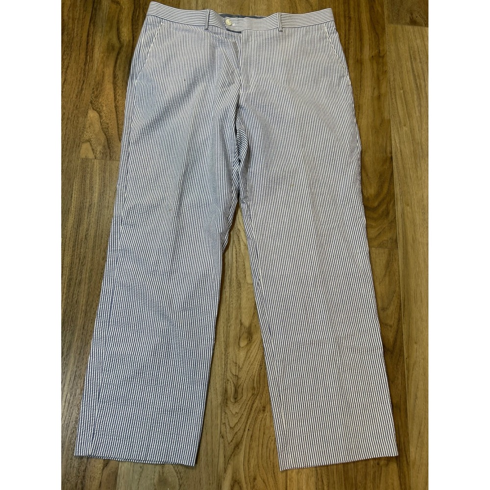 Alan Flusser Mens Seersucker Dress Pants Blue White Striped Cotton 38x30